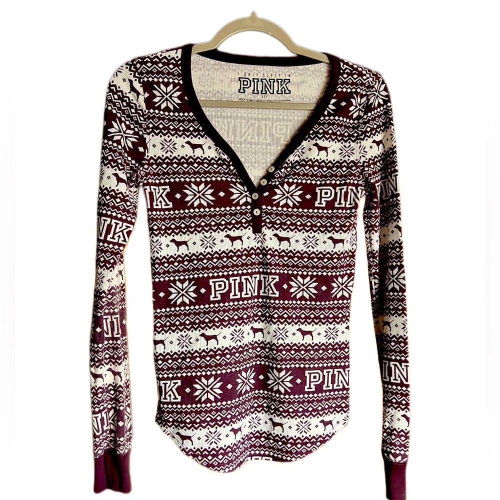 PINK VS Thermal Sleep Holiday Pajama Shirt Size Small - Picture 1 of 4